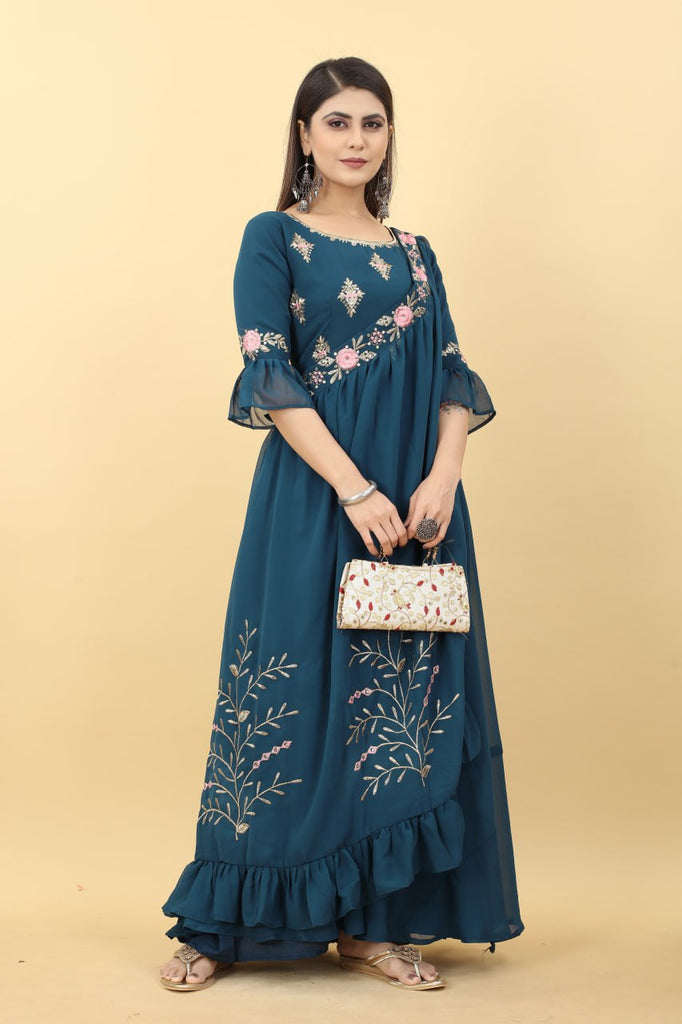 Latest Dark Blue Color Designer Heavy Embroidered Gown